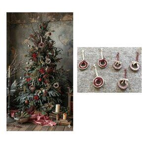 Handmade 6 pack of wool yarn wreath ornaments Burgundy/Cream Holiday Christmas